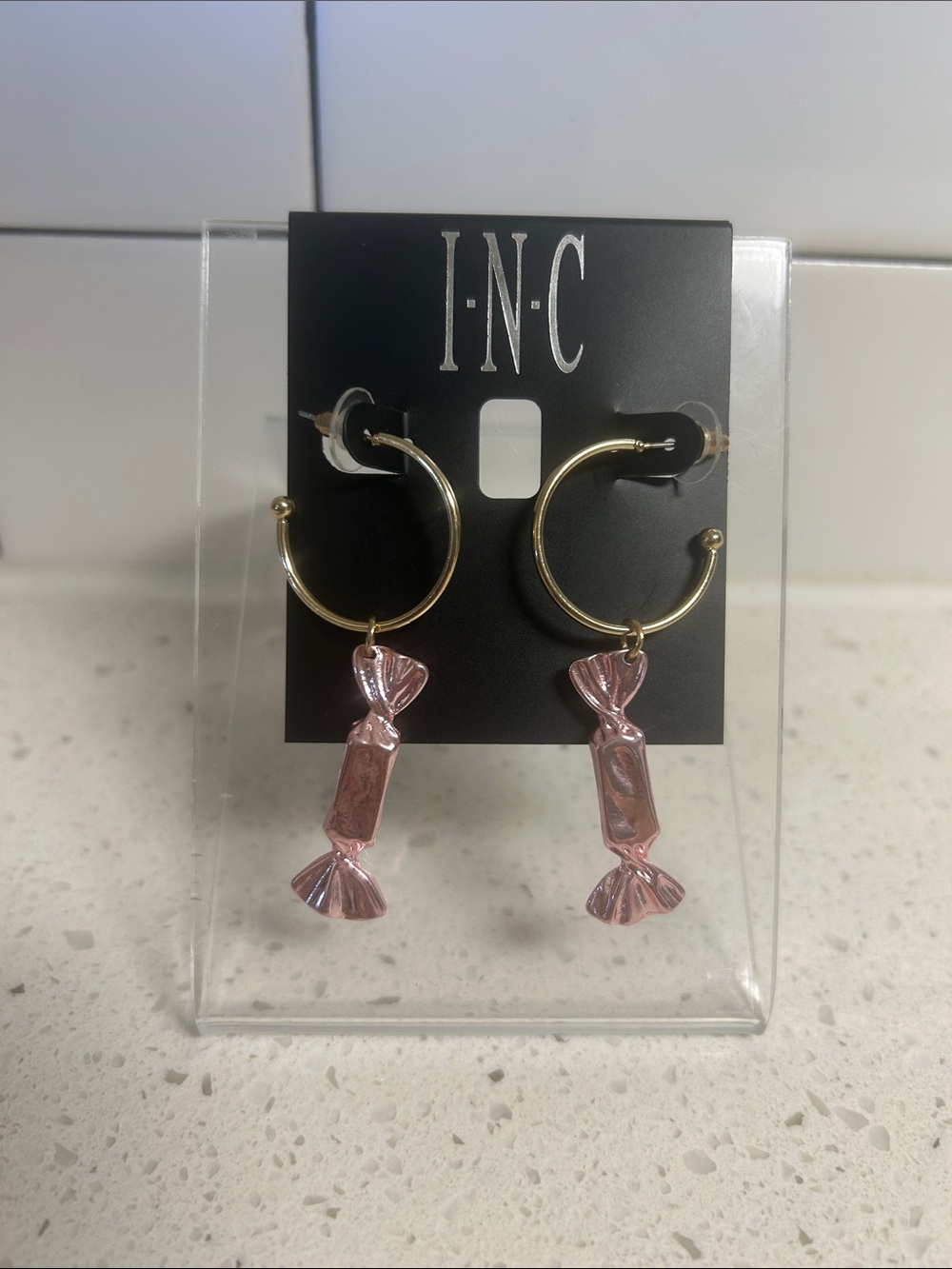 INC International Concepts Gold Hoop Earrings with Pink Candy Dangles